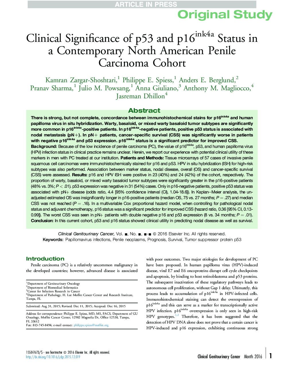 Clinical Significance of p53 and p16ink4a Status in a Contemporary North American Penile Carcinoma Cohort