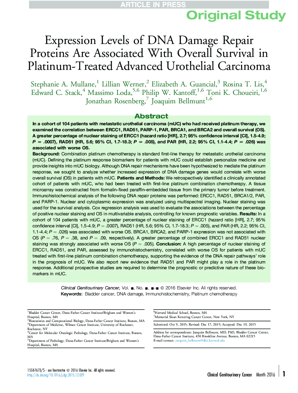 Expression Levels of DNA Damage Repair Proteins Are Associated With Overall Survival in Platinum-Treated Advanced Urothelial Carcinoma