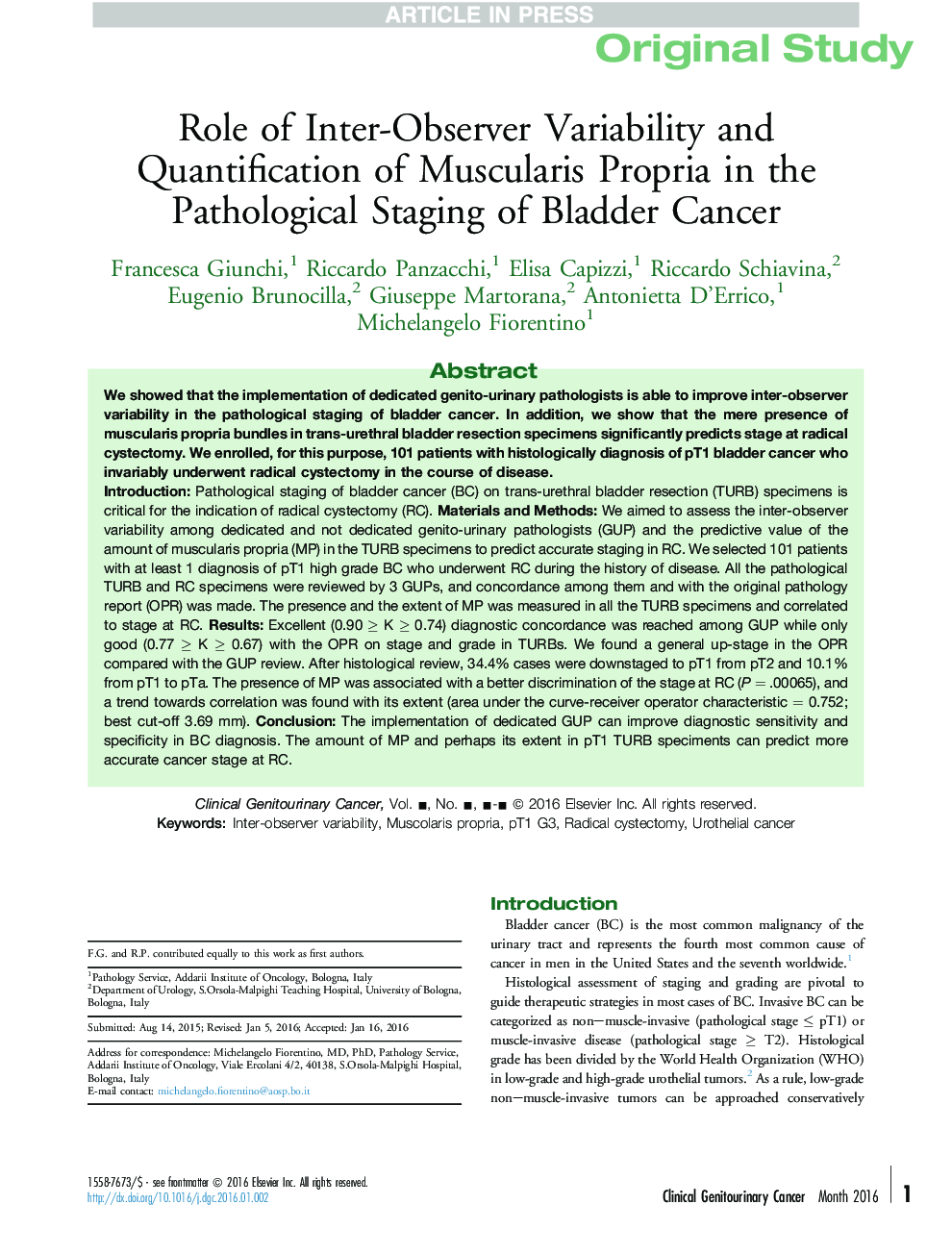 Role of Inter-Observer Variability and Quantification of Muscularis Propria in the Pathological Staging of Bladder Cancer