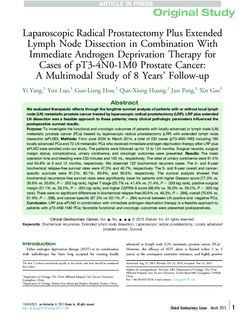 Laparoscopic Radical Prostatectomy Plus Extended Lymph Node Dissection in Combination With Immediate Androgen Deprivation Therapy for Cases of pT3-4N0-1M0 Prostate Cancer: A Multimodal Study of 8 Years' Follow-up