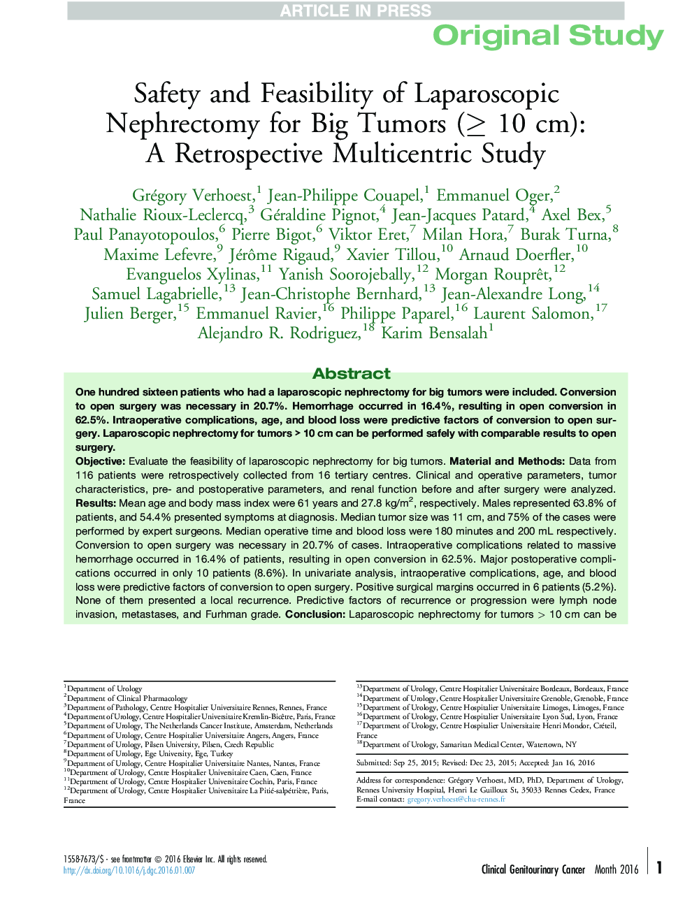 Safety and Feasibility of Laparoscopic Nephrectomy for Big Tumors (â¥ 10 cm): A Retrospective Multicentric Study