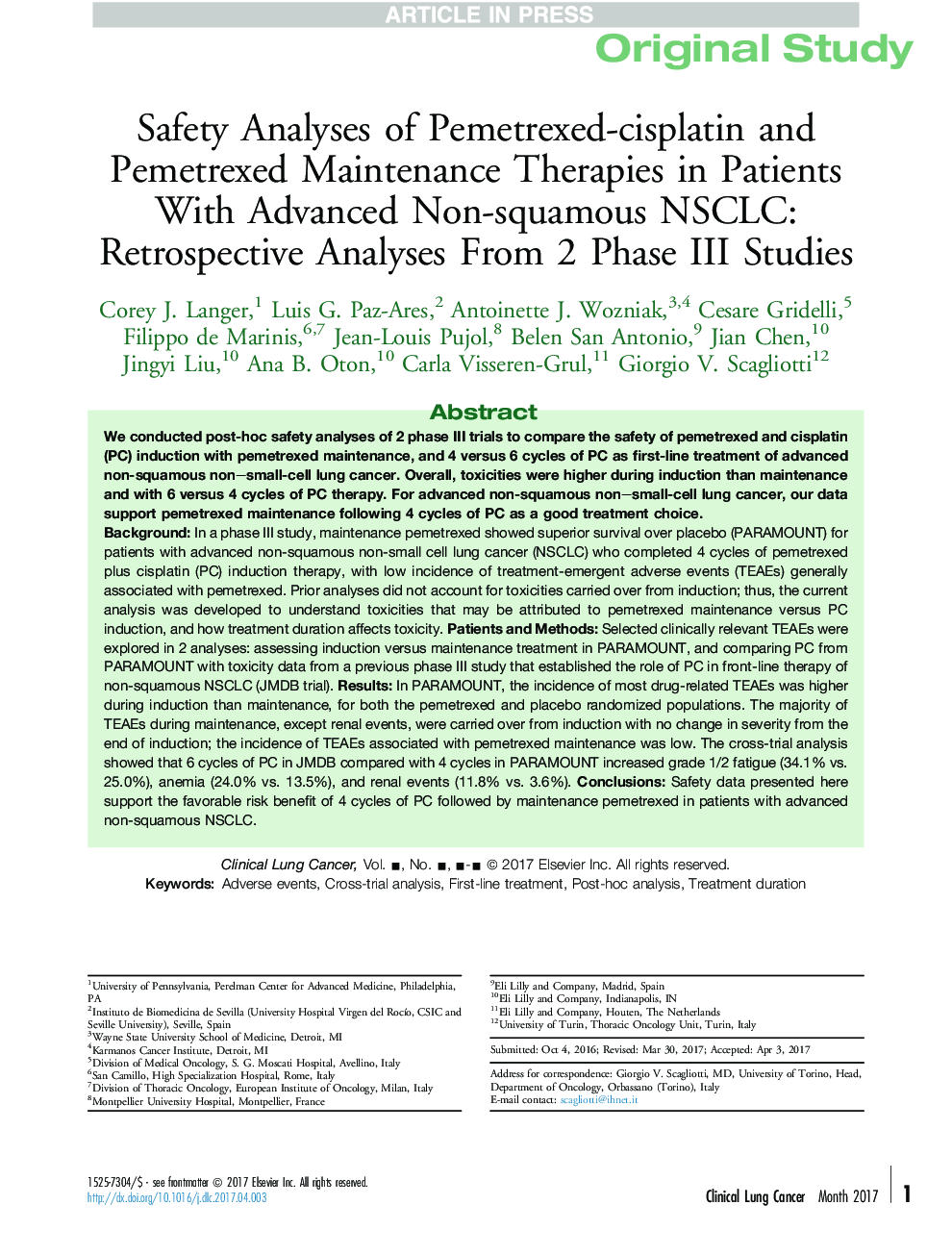 Safety Analyses of Pemetrexed-cisplatin and Pemetrexed Maintenance Therapies in Patients With Advanced Non-squamous NSCLC: Retrospective Analyses From 2 Phase III Studies