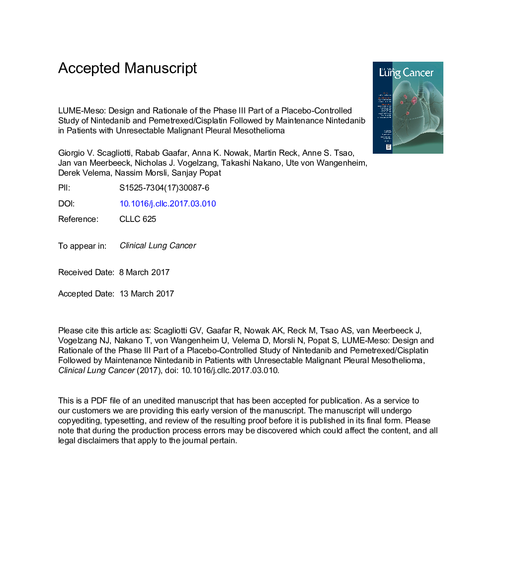 LUME-Meso: Design and Rationale of the Phase III Part of a Placebo-Controlled Study of Nintedanib and Pemetrexed/Cisplatin Followed by Maintenance Nintedanib in Patients With Unresectable Malignant Pleural Mesothelioma