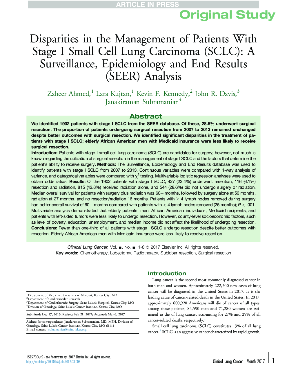 Disparities in the Management of Patients With Stage I Small Cell Lung Carcinoma (SCLC): A Surveillance, Epidemiology and End Results (SEER) Analysis