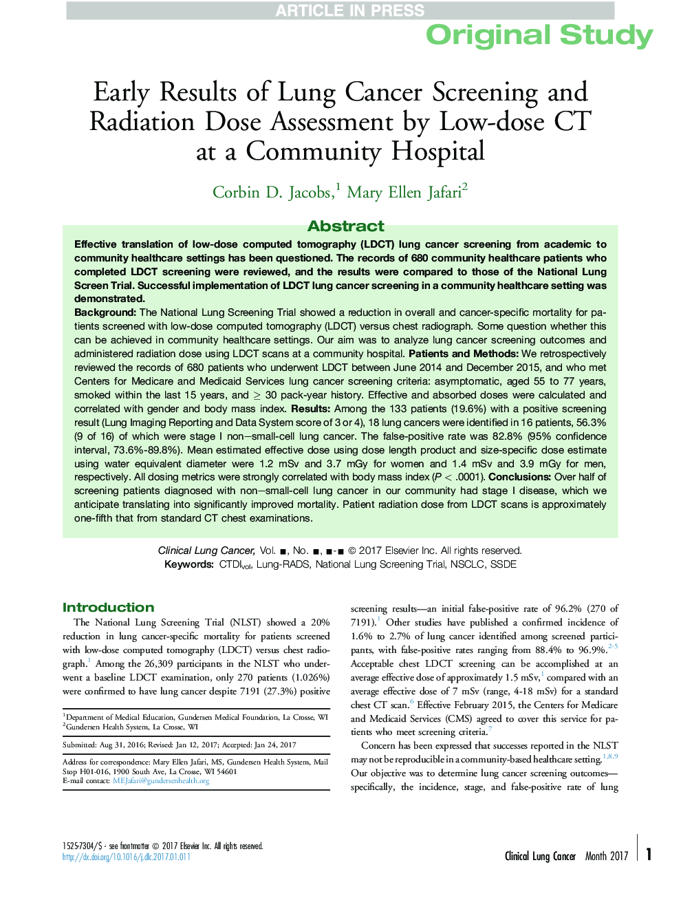 Early Results of Lung Cancer Screening and Radiation Dose Assessment by Low-dose CT at a Community Hospital