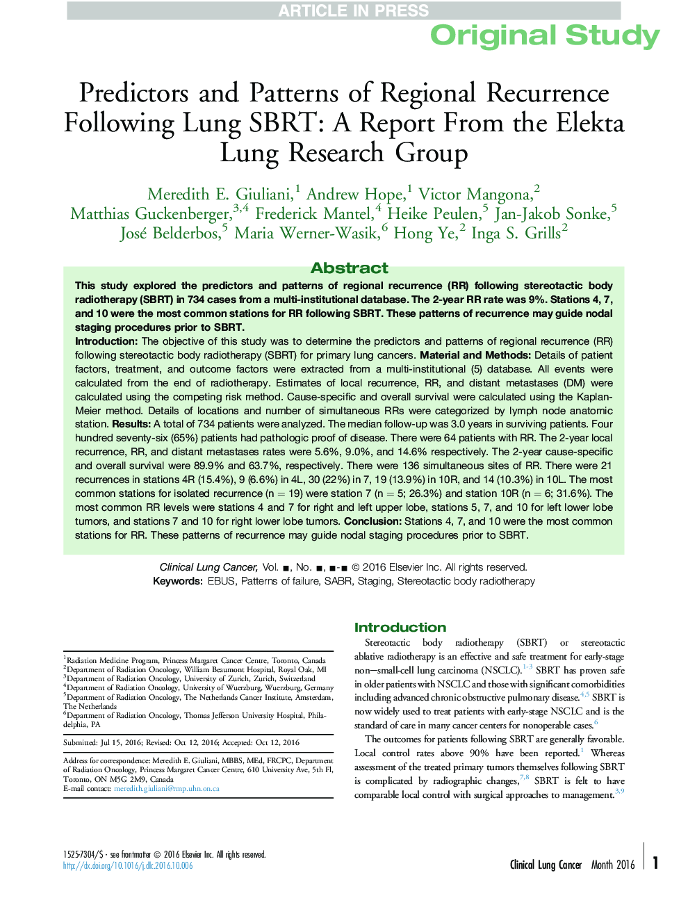 Predictors and Patterns of Regional Recurrence Following Lung SBRT: A Report From the Elekta Lung Research Group