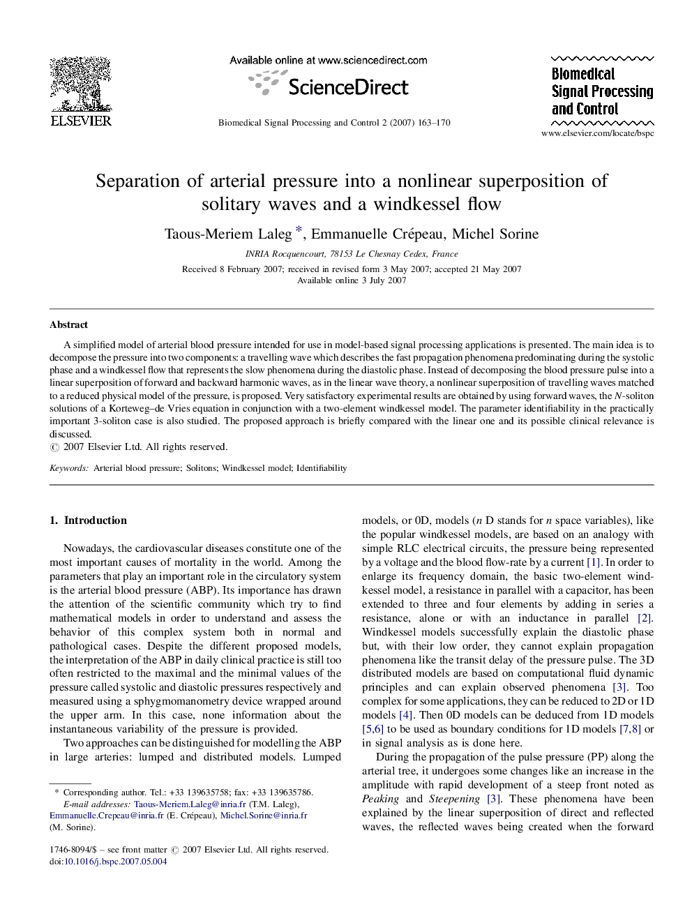 Separation of arterial pressure into a nonlinear superposition of solitary waves and a windkessel flow