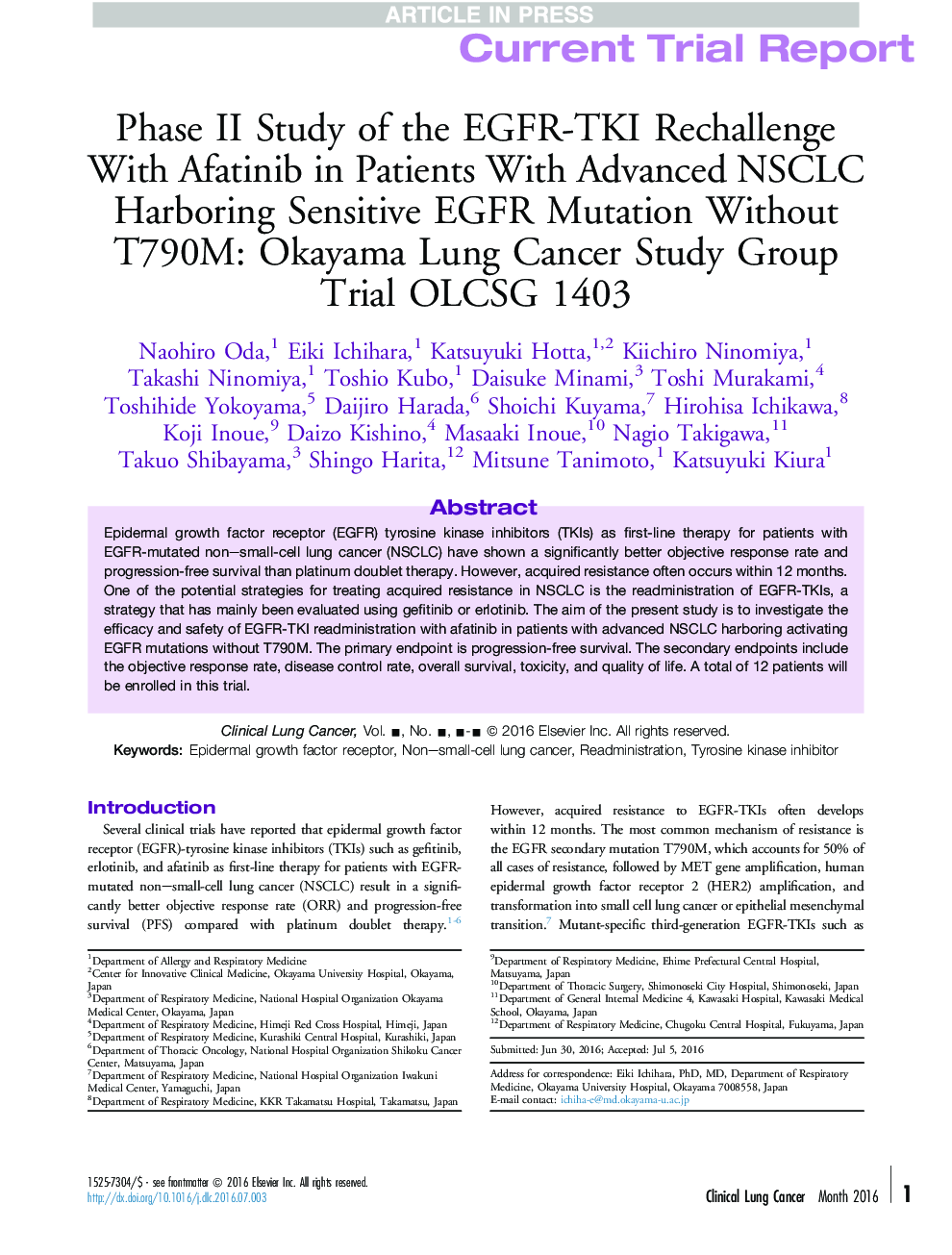 Phase II Study of the EGFR-TKI Rechallenge With Afatinib in Patients With Advanced NSCLC Harboring Sensitive EGFR Mutation Without T790M: Okayama Lung Cancer Study Group Trial OLCSG 1403