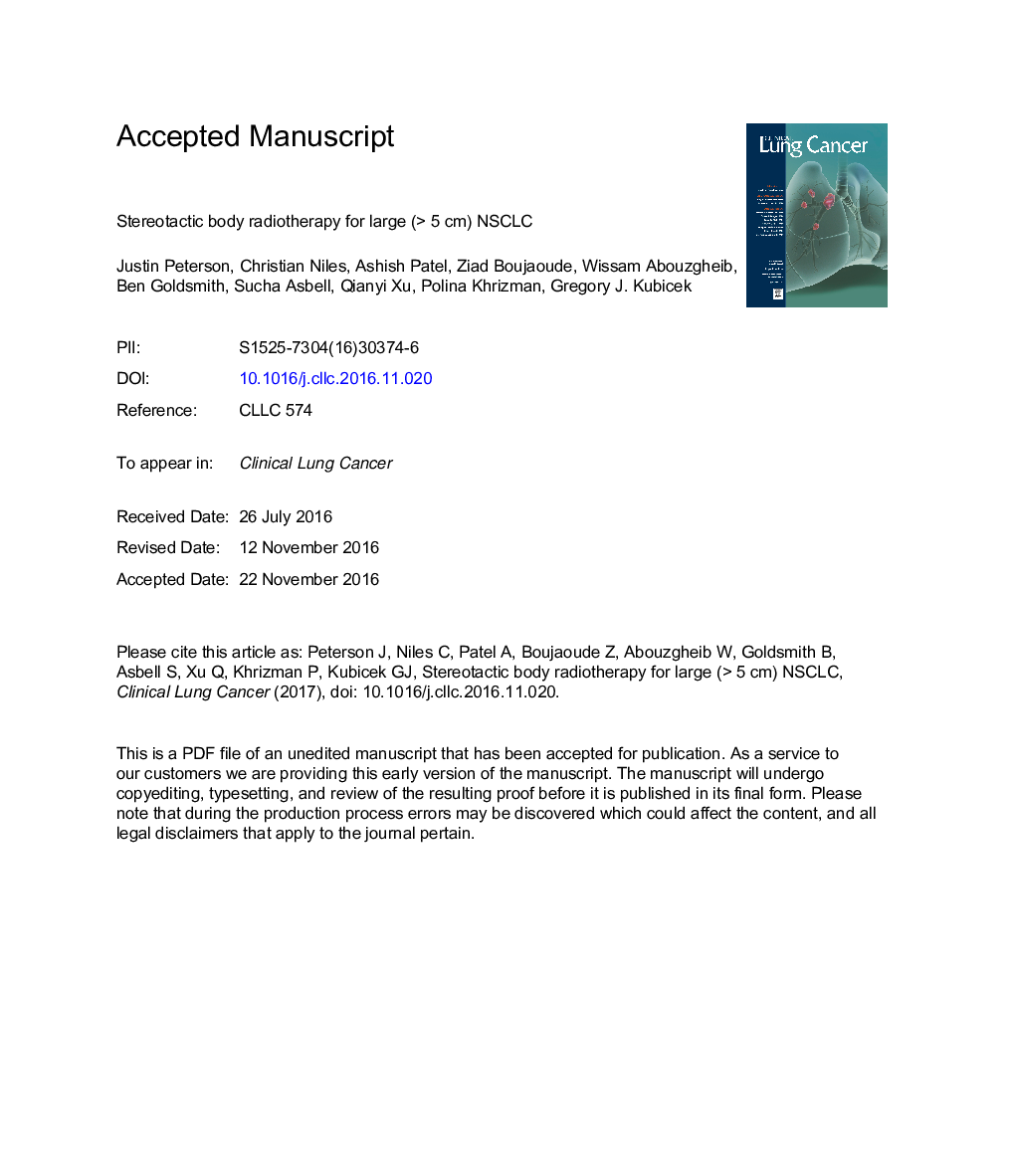 عکس صفحه اول مقاله: Stereotactic Body Radiotherapy for Large (> 5 cm) Non-Small-Cell Lung Cancer Stereotactic Body Radiotherapy for Large (> 5 cm) Non-Small-Cell Lung Cancer