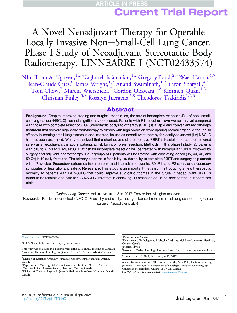 A Novel Neoadjuvant Therapy for Operable Locally Invasive Non-Small-Cell Lung Cancer. Phase I Study of Neoadjuvant Stereotactic Body Radiotherapy. LINNEARRE I (NCT02433574)