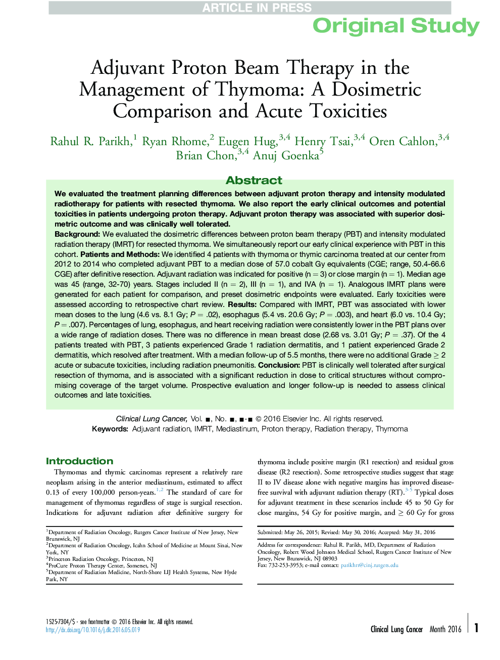 Adjuvant Proton Beam Therapy in the Management of Thymoma: A Dosimetric Comparison and Acute Toxicities