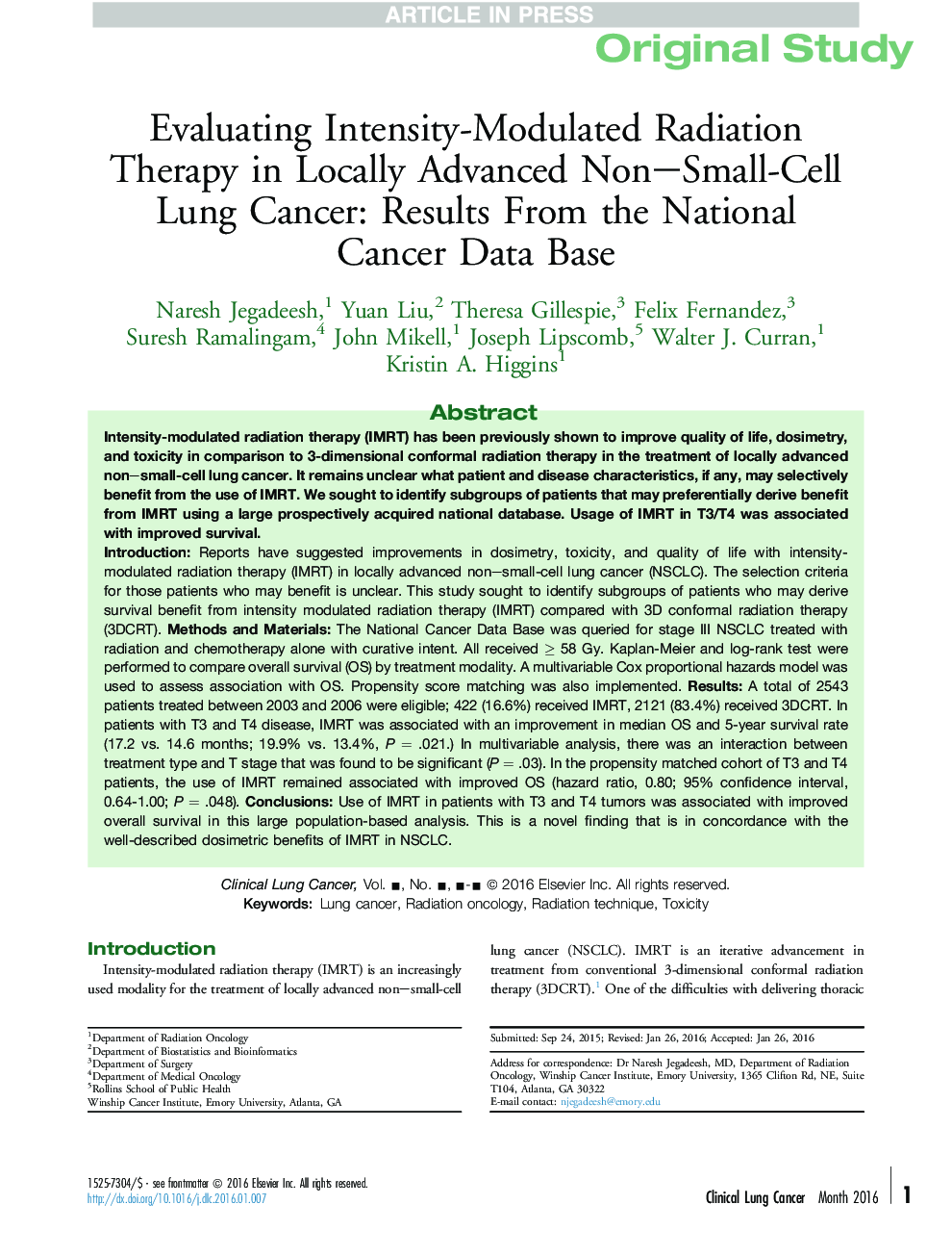 ارزیابی روش پرتوگیری مدولاسیون شدت در سرطان ریه های غیر سلولی پیشرفته محلی: نتایج حاصل از پایگاه داده های سرطان ملی 