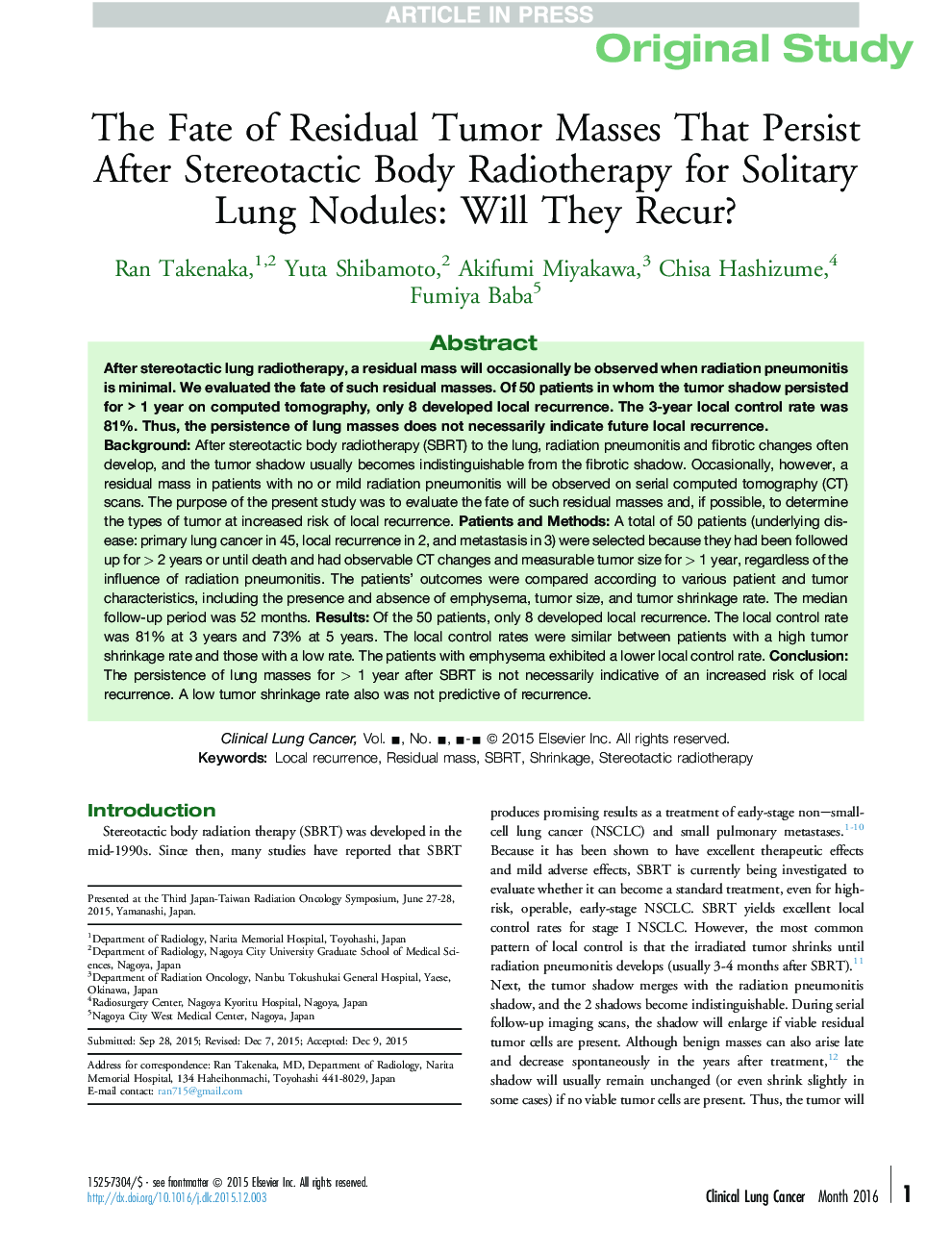 The Fate of Residual Tumor Masses That Persist After Stereotactic Body Radiotherapy for Solitary Lung Nodules: Will They Recur?