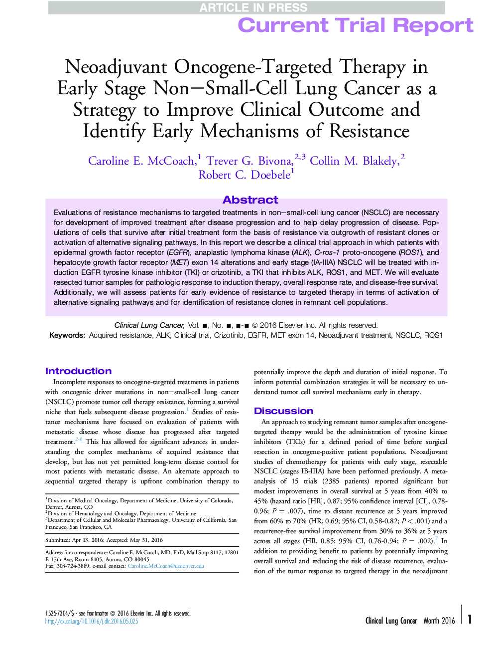 Neoadjuvant Oncogene-Targeted Therapy in Early Stage Non-Small-Cell Lung Cancer as a Strategy to Improve Clinical Outcome and Identify Early Mechanisms of Resistance