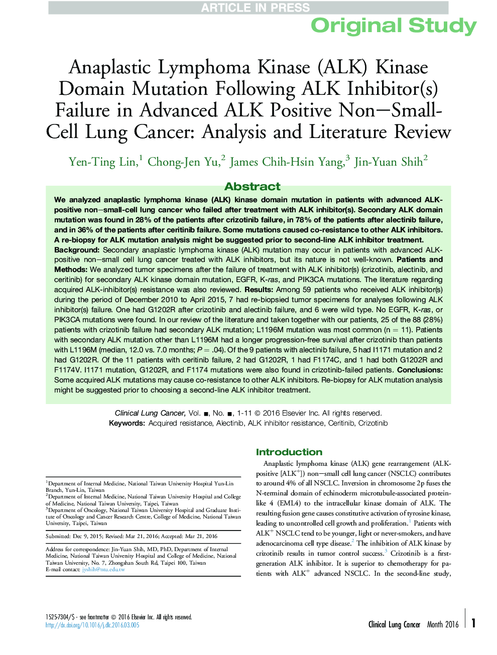 Anaplastic Lymphoma Kinase (ALK) Kinase Domain Mutation Following ALK Inhibitor(s) Failure in Advanced ALK Positive Non-Small-Cell Lung Cancer: Analysis and Literature Review