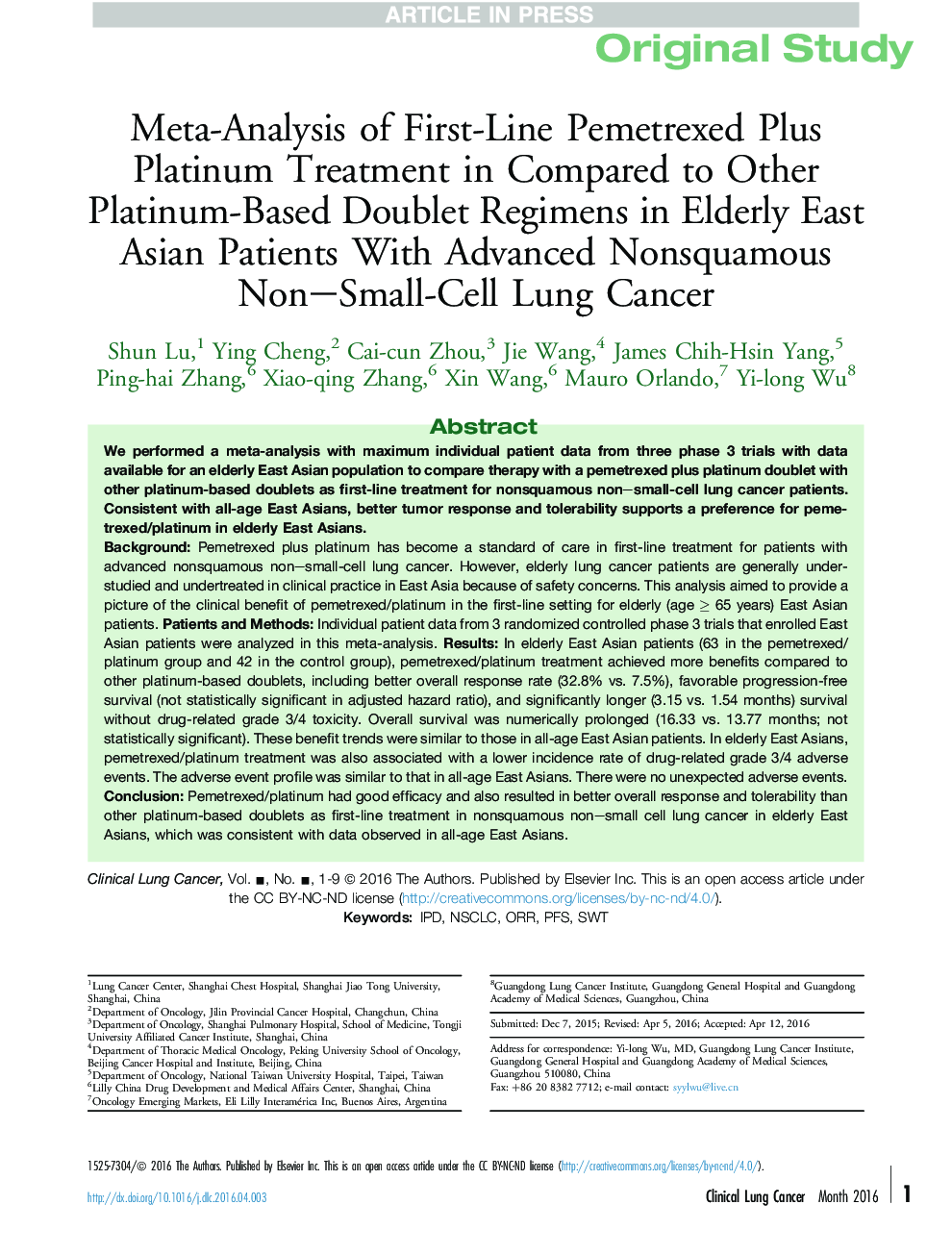 Meta-Analysis of First-Line Pemetrexed Plus Platinum Treatment in Compared to Other Platinum-Based Doublet Regimens in Elderly East Asian Patients With Advanced Nonsquamous Non-Small-Cell Lung Cancer