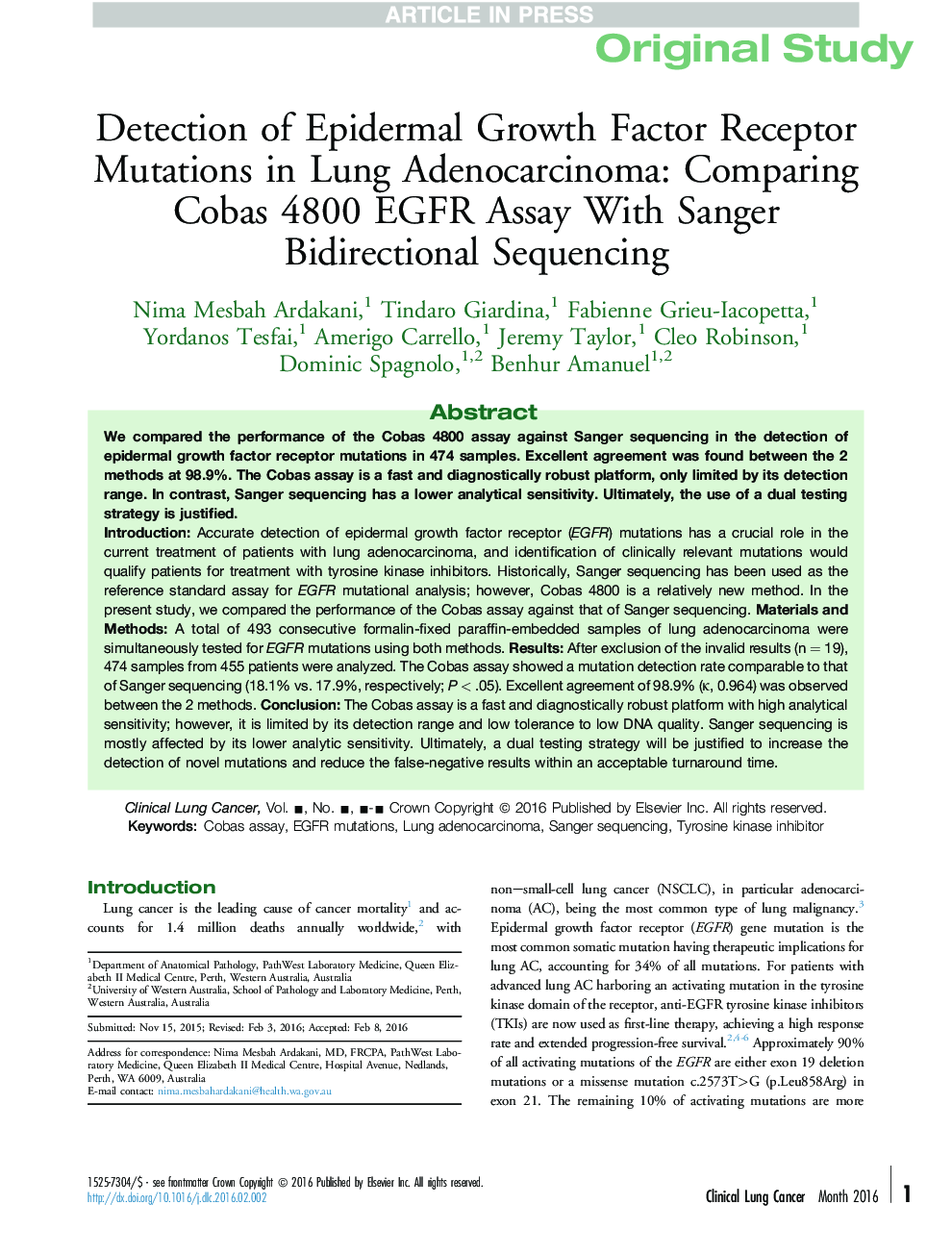 Detection of Epidermal Growth Factor Receptor Mutations in Lung Adenocarcinoma: Comparing Cobas 4800 EGFR Assay With Sanger Bidirectional Sequencing