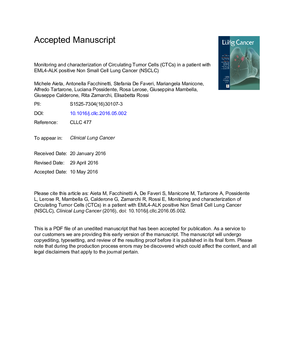 Monitoring and Characterization of Circulating Tumor Cells (CTCs) in a Patient With EML4-ALK-Positive Non-Small Cell Lung Cancer (NSCLC)