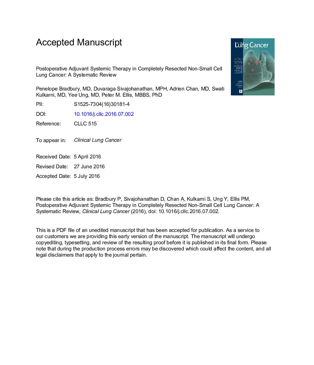 عکس صفحه اول مقاله: Postoperative Adjuvant Systemic Therapy in Completely Resected Non-Small-Cell Lung Cancer: A Systematic Review Postoperative Adjuvant Systemic Therapy in Completely Resected Non-Small-Cell Lung Cancer: A Systematic Review