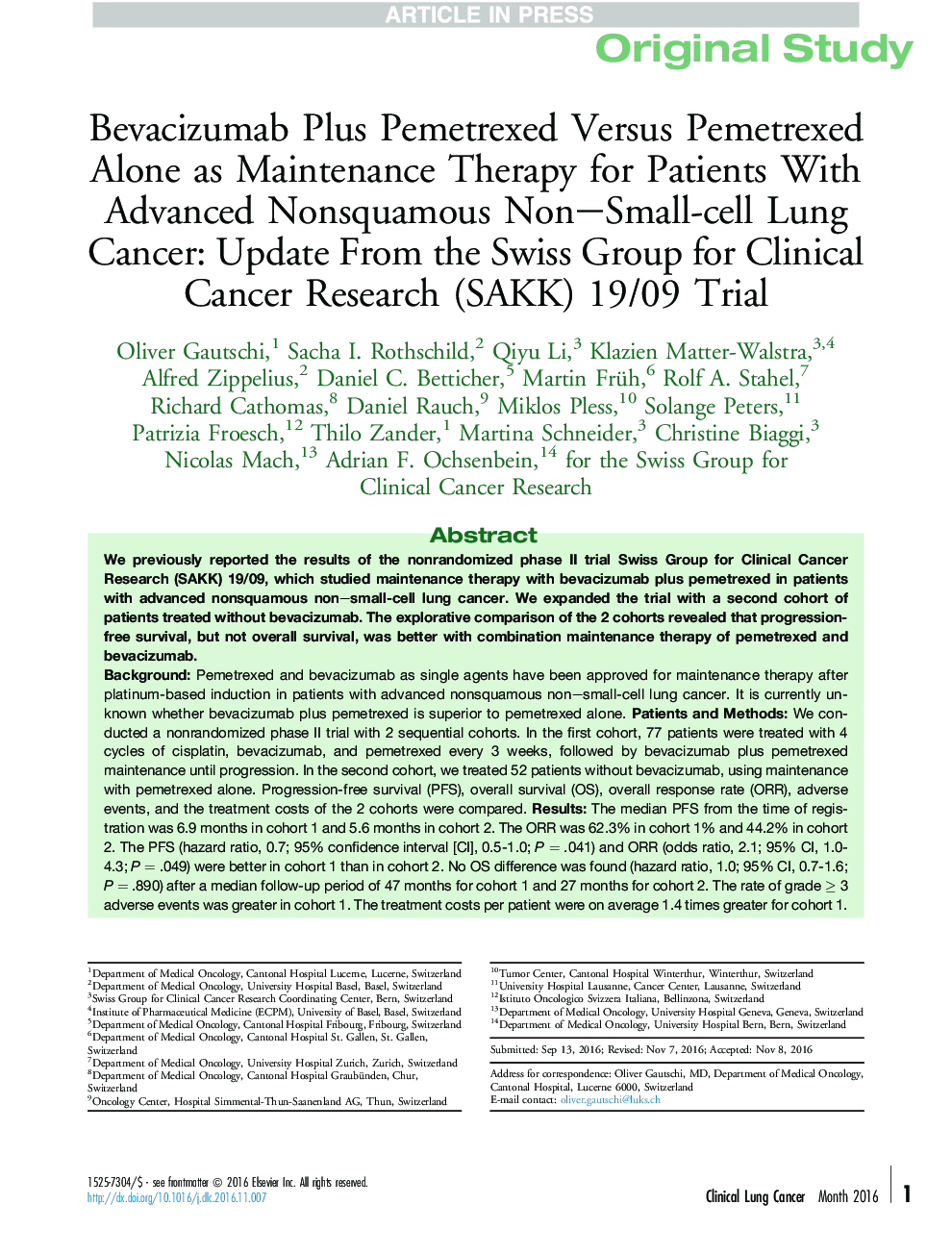 Bevacizumab Plus Pemetrexed Versus Pemetrexed Alone as Maintenance Therapy for Patients With Advanced Nonsquamous Non-Small-cell Lung Cancer: Update From the Swiss Group for Clinical Cancer Research (SAKK) 19/09 Trial