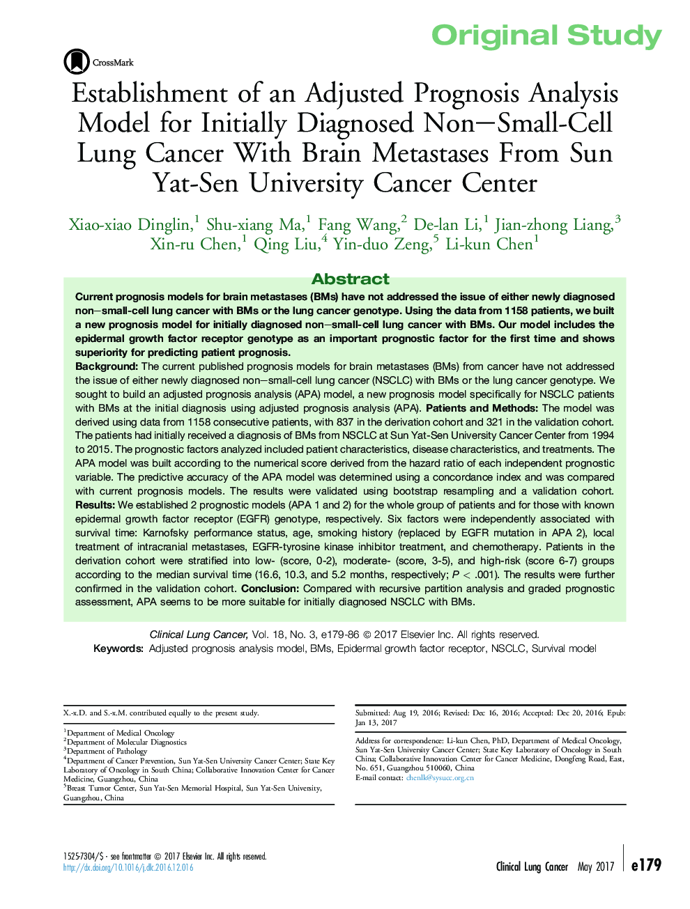 Original StudyEstablishment of an Adjusted Prognosis Analysis Model for Initially Diagnosed Non-Small-Cell Lung Cancer With Brain Metastases From Sun Yat-Sen University Cancer Center