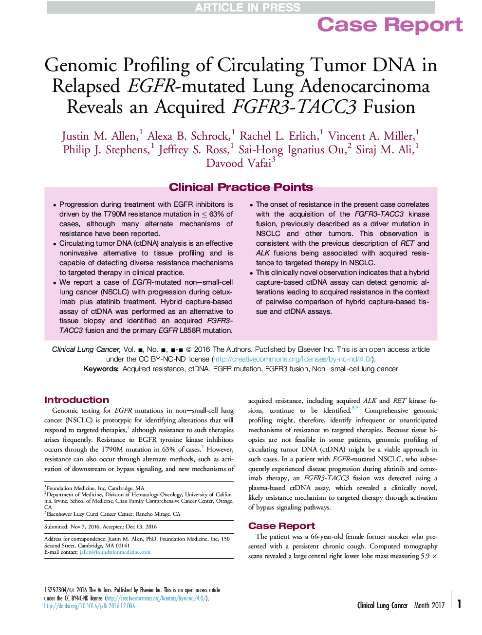 Genomic Profiling of Circulating Tumor DNA in Relapsed EGFR-mutated Lung Adenocarcinoma Reveals an Acquired FGFR3-TACC3 Fusion