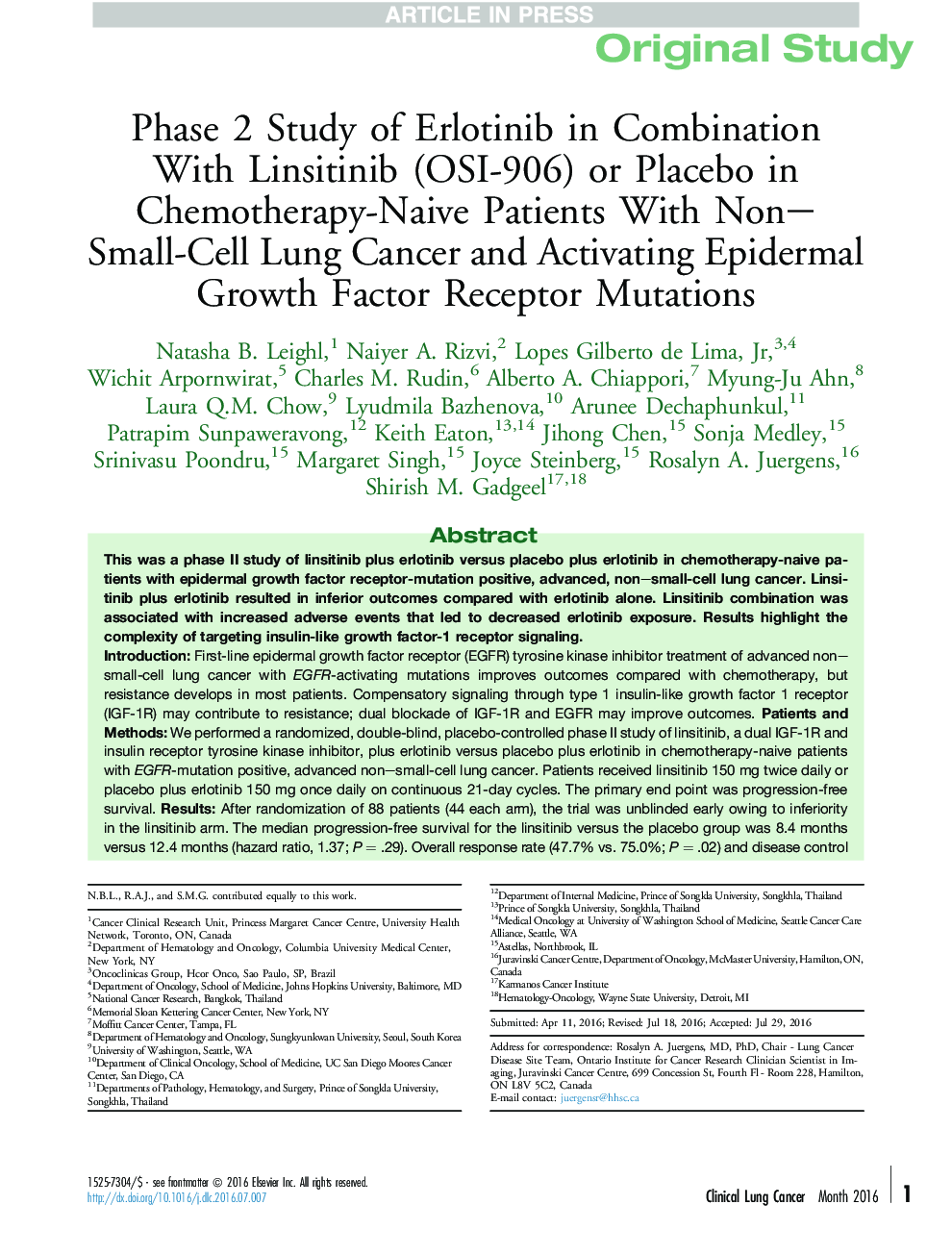 Phase 2 Study of Erlotinib in Combination WithÂ Linsitinib (OSI-906) or Placebo in Chemotherapy-Naive Patients With Non-Small-Cell Lung Cancer and Activating Epidermal Growth Factor Receptor Mutations