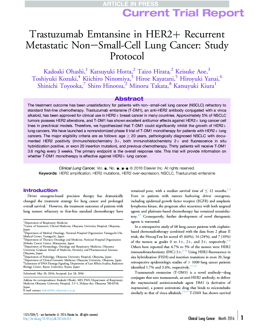 Trastuzumab Emtansine in HER2+ Recurrent Metastatic Non-Small-Cell Lung Cancer: Study Protocol