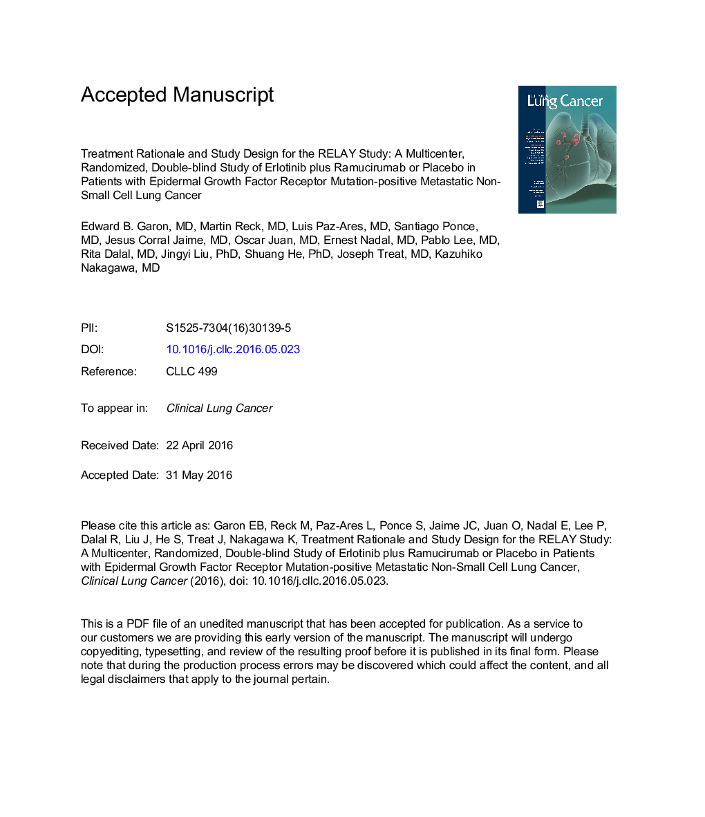 Treatment Rationale and Study Design for the RELAY Study: A Multicenter, Randomized, Double-Blind Study of Erlotinib With Ramucirumab or Placebo in Patients With Epidermal Growth Factor Receptor Mutation-Positive Metastatic Non-Small-Cell Lung Cancer