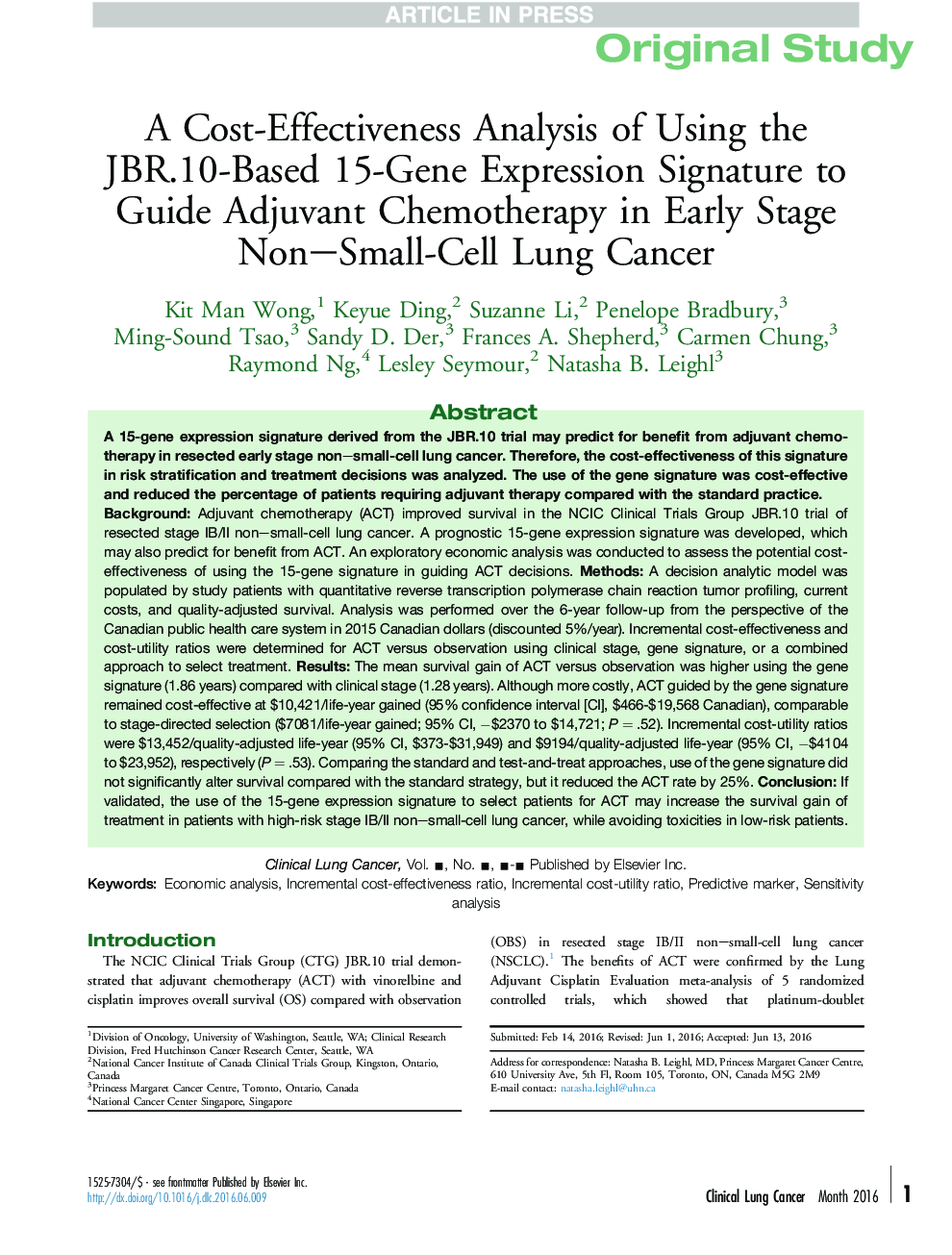 A Cost-Effectiveness Analysis of Using the JBR.10-Based 15-Gene Expression Signature to Guide Adjuvant Chemotherapy in Early Stage Non-Small-Cell Lung Cancer