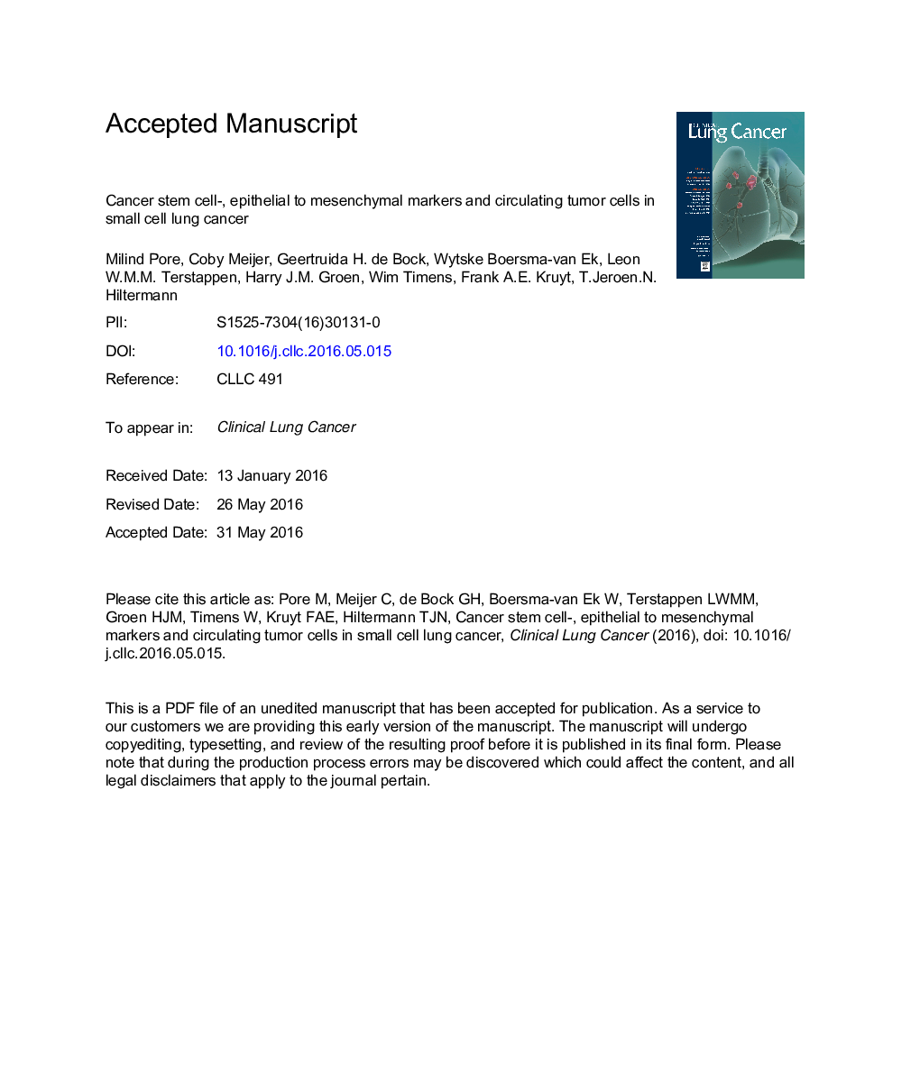 Cancer Stem Cells, Epithelial to Mesenchymal Markers, and Circulating Tumor Cells in Small Cell Lung Cancer