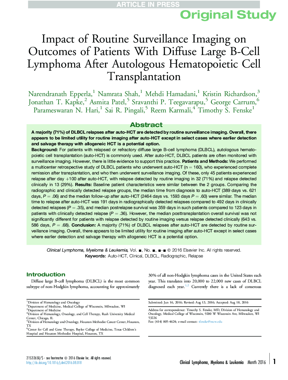 Impact of Routine Surveillance Imaging on Outcomes of Patients With Diffuse Large B-Cell Lymphoma After Autologous Hematopoietic Cell Transplantation