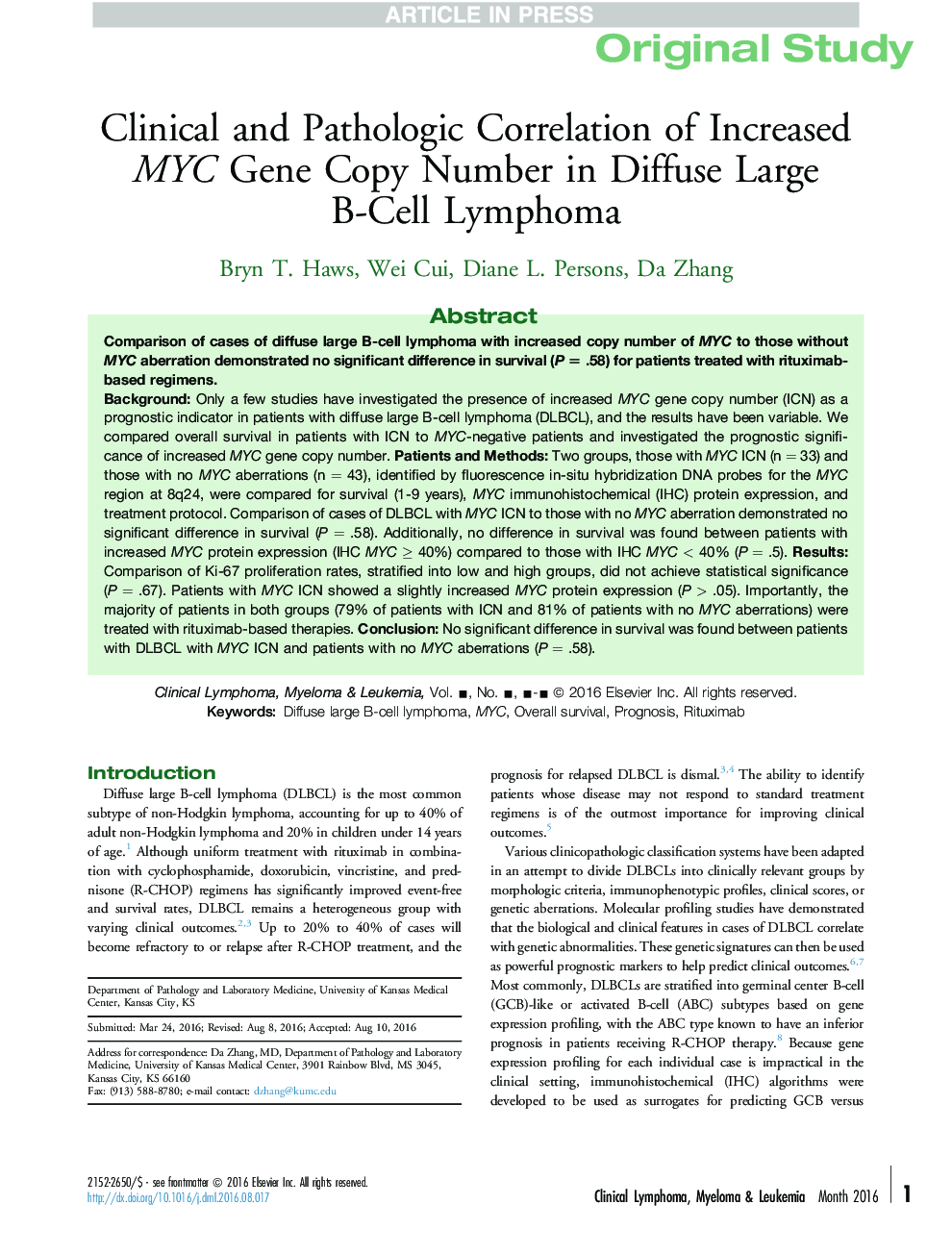 Clinical and Pathologic Correlation of Increased MYC Gene Copy Number in Diffuse Large B-Cell Lymphoma