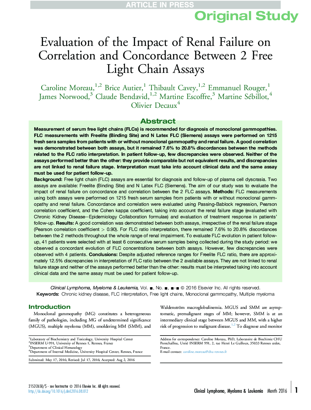 Evaluation of the Impact of Renal Failure on Correlation and Concordance Between 2 Free Light Chain Assays