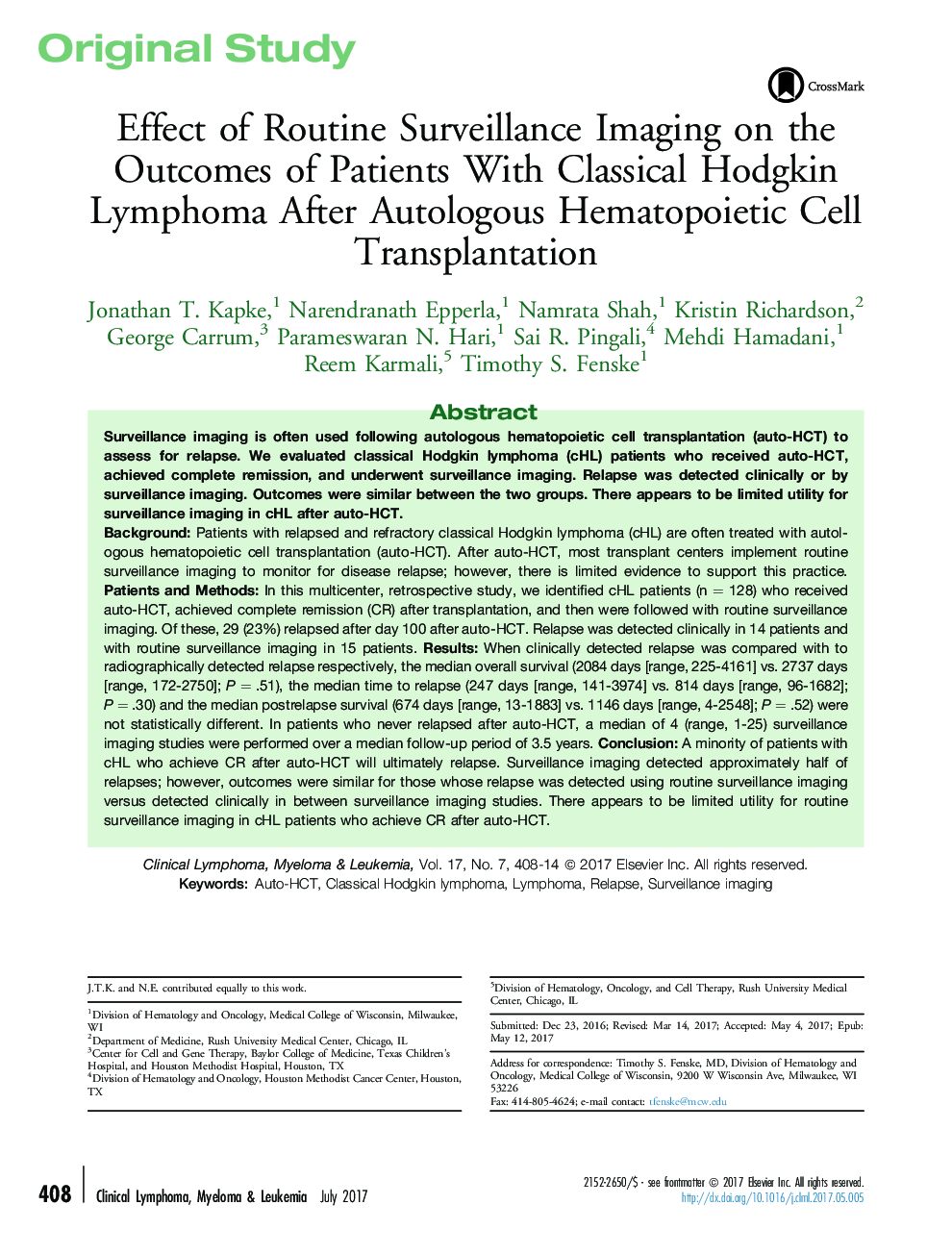 Effect of Routine Surveillance Imaging on the Outcomes of Patients With Classical Hodgkin Lymphoma After Autologous Hematopoietic Cell Transplantation