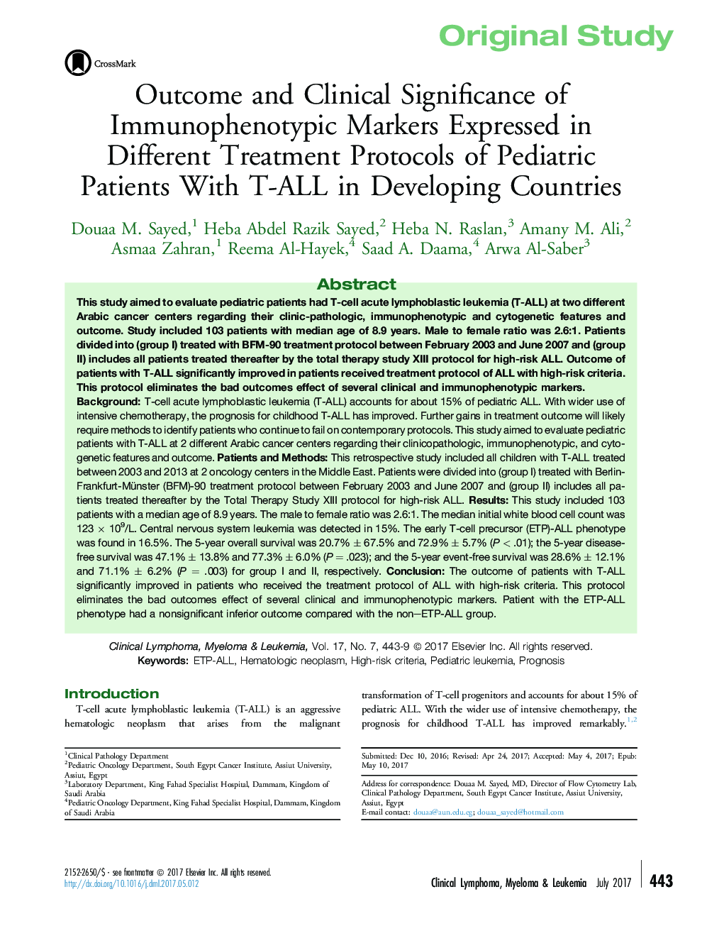 Original StudyOutcome and Clinical Significance of Immunophenotypic Markers Expressed in Different Treatment Protocols of Pediatric Patients With T-ALL in Developing Countries