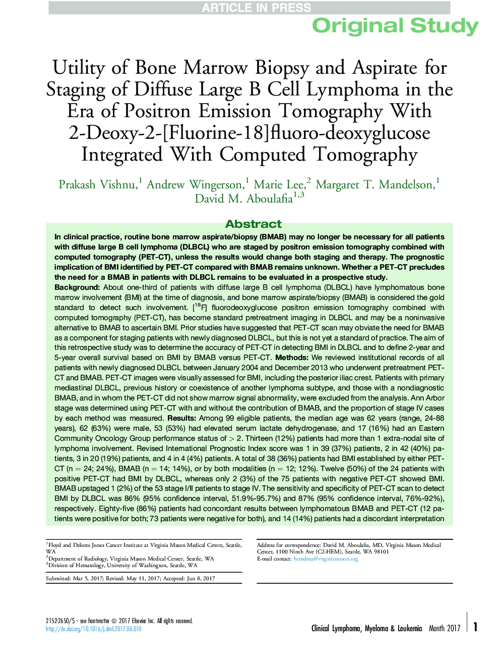 Utility of Bone Marrow Biopsy and Aspirate for Staging of Diffuse Large B Cell Lymphoma in the Era of Positron Emission Tomography With 2-Deoxy-2-[Fluorine-18]fluoro-deoxyglucose Integrated With Computed Tomography