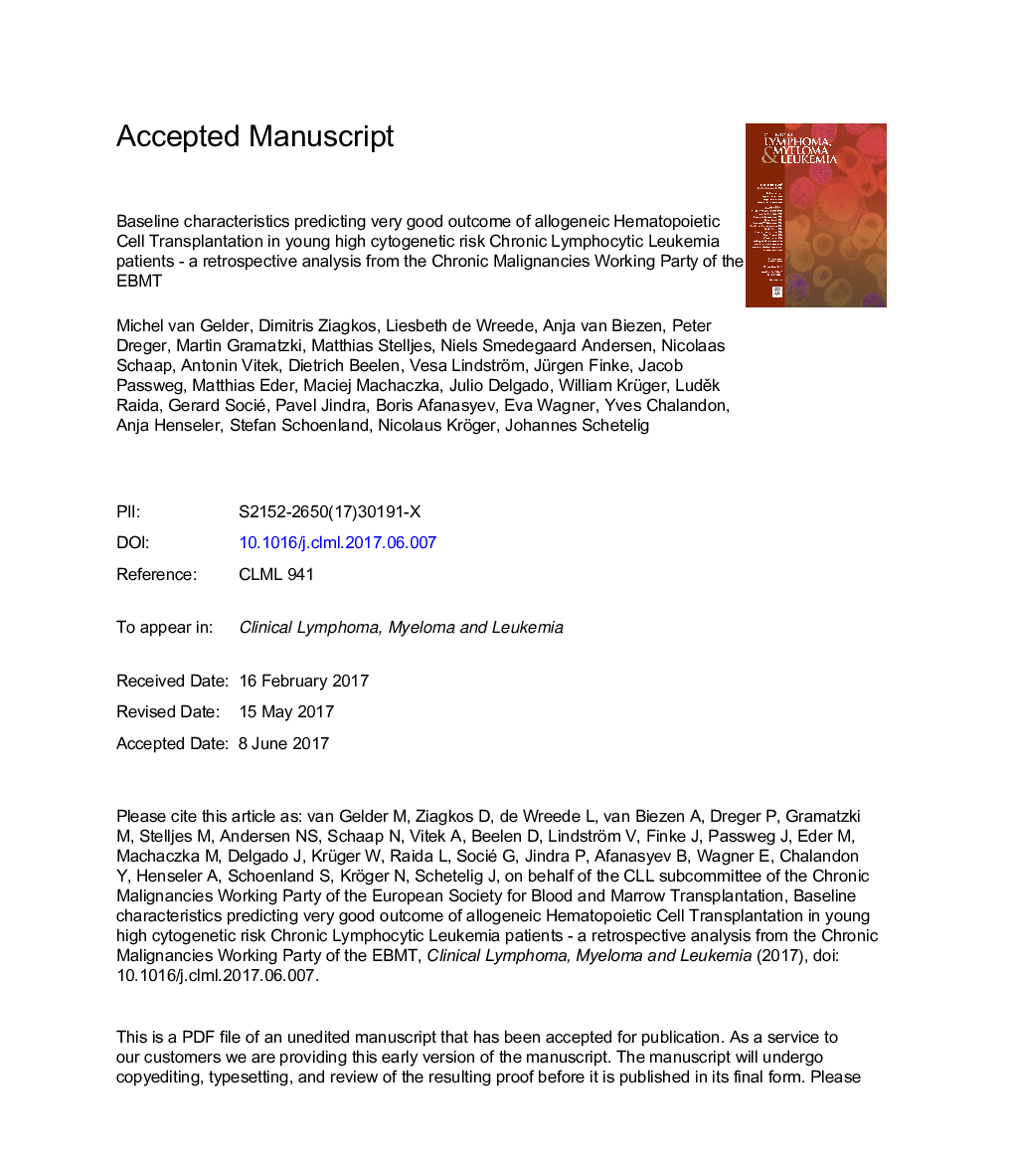 Baseline Characteristics Predicting Very Good Outcome of Allogeneic Hematopoietic Cell Transplantation in Young Patients With High Cytogenetic Risk Chronic Lymphocytic LeukemiaÂ - A Retrospective Analysis From the Chronic Malignancies Working Party of the