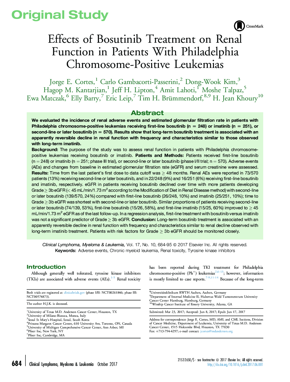 Effects of Bosutinib Treatment on Renal Function in Patients With Philadelphia Chromosome-Positive Leukemias