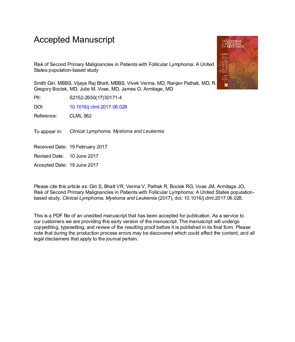 Risk of Second Primary Malignancies in Patients With Follicular Lymphoma: A United States Population-based Study