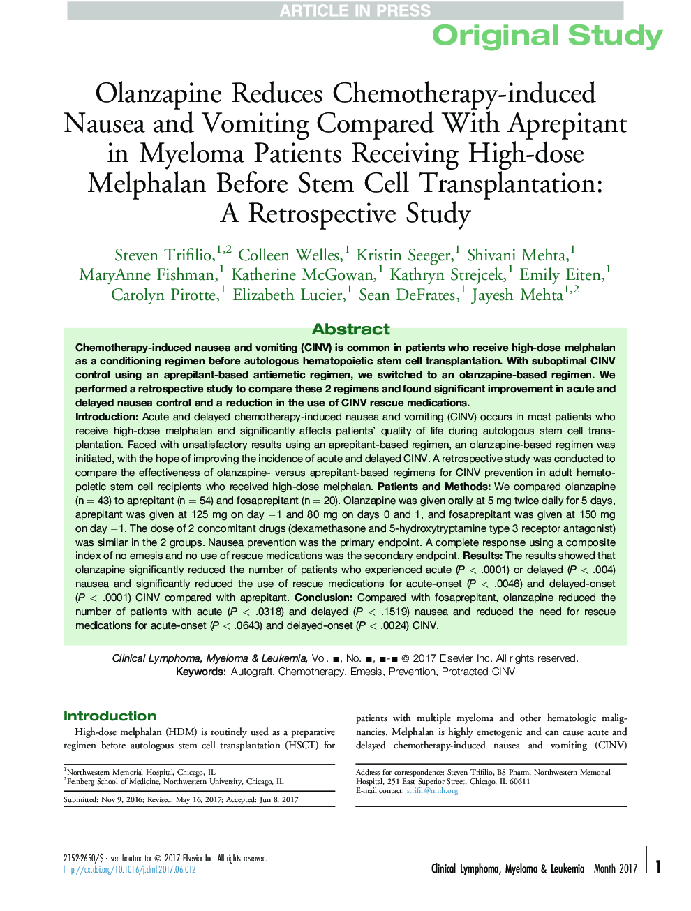 Olanzapine Reduces Chemotherapy-induced Nausea and Vomiting Compared With Aprepitant in Myeloma Patients Receiving High-dose Melphalan Before Stem Cell Transplantation: A Retrospective Study