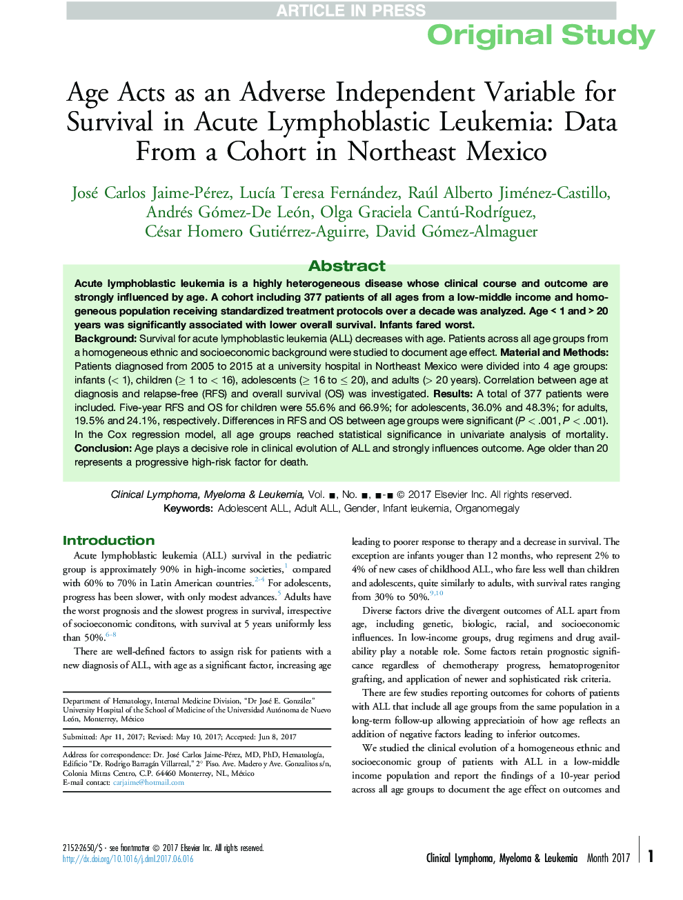 Age Acts as an Adverse Independent Variable for Survival in Acute Lymphoblastic Leukemia: Data From a Cohort in Northeast Mexico