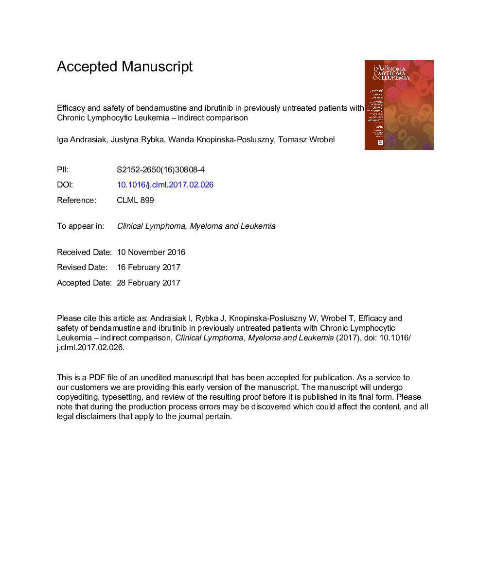 Efficacy and Safety of Bendamustine and Ibrutinib in Previously Untreated Patients With Chronic Lymphocytic Leukemia: Indirect Comparison