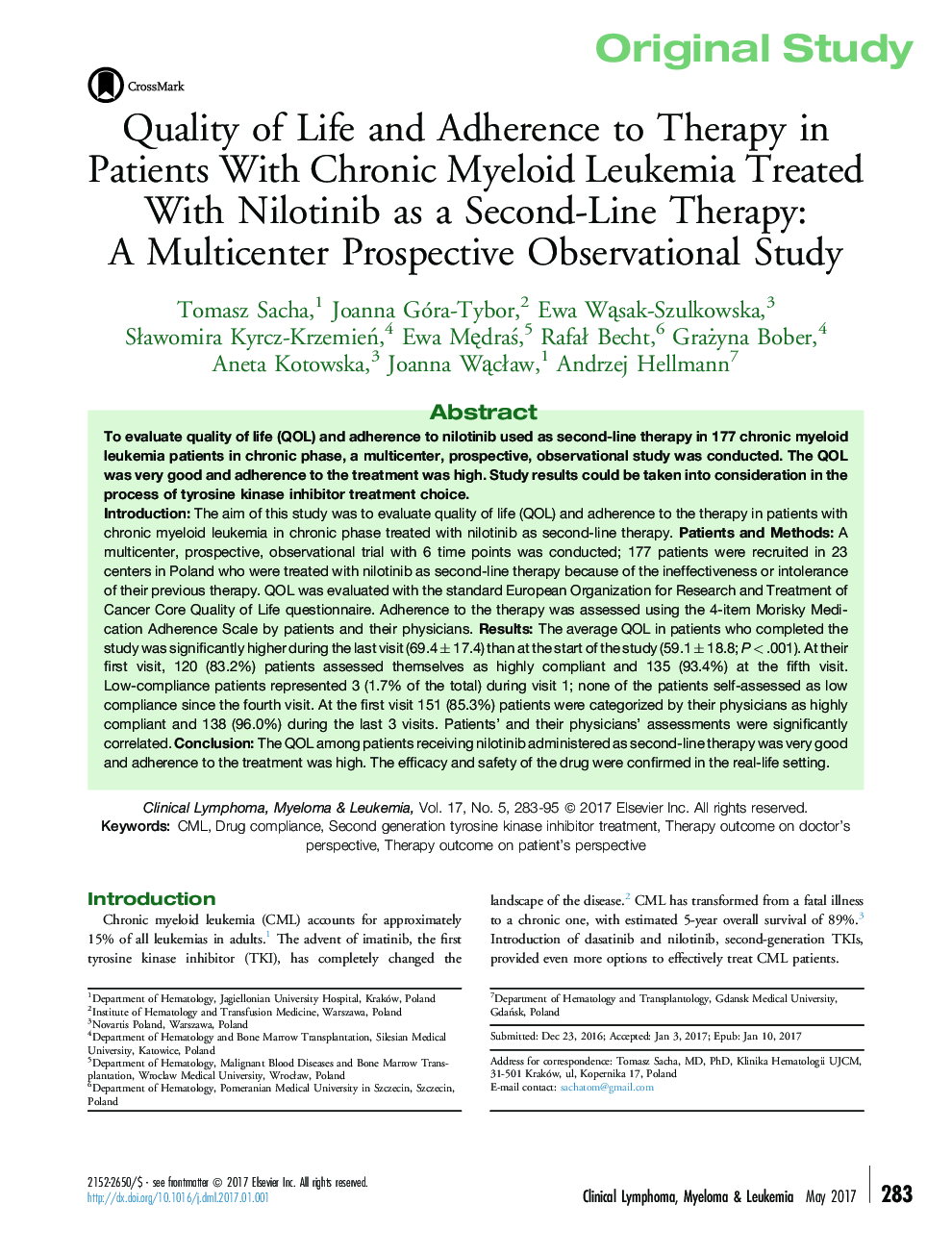 Quality of Life and Adherence to Therapy in Patients With Chronic Myeloid Leukemia Treated With Nilotinib as a Second-Line Therapy: AÂ Multicenter Prospective Observational Study
