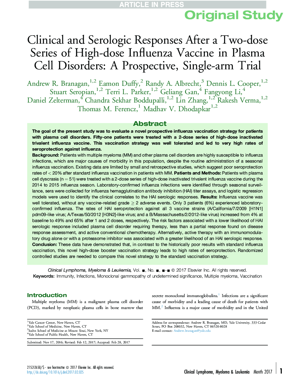 Clinical and Serologic Responses After a Two-dose Series of High-dose Influenza Vaccine in Plasma Cell Disorders: A Prospective, Single-arm Trial