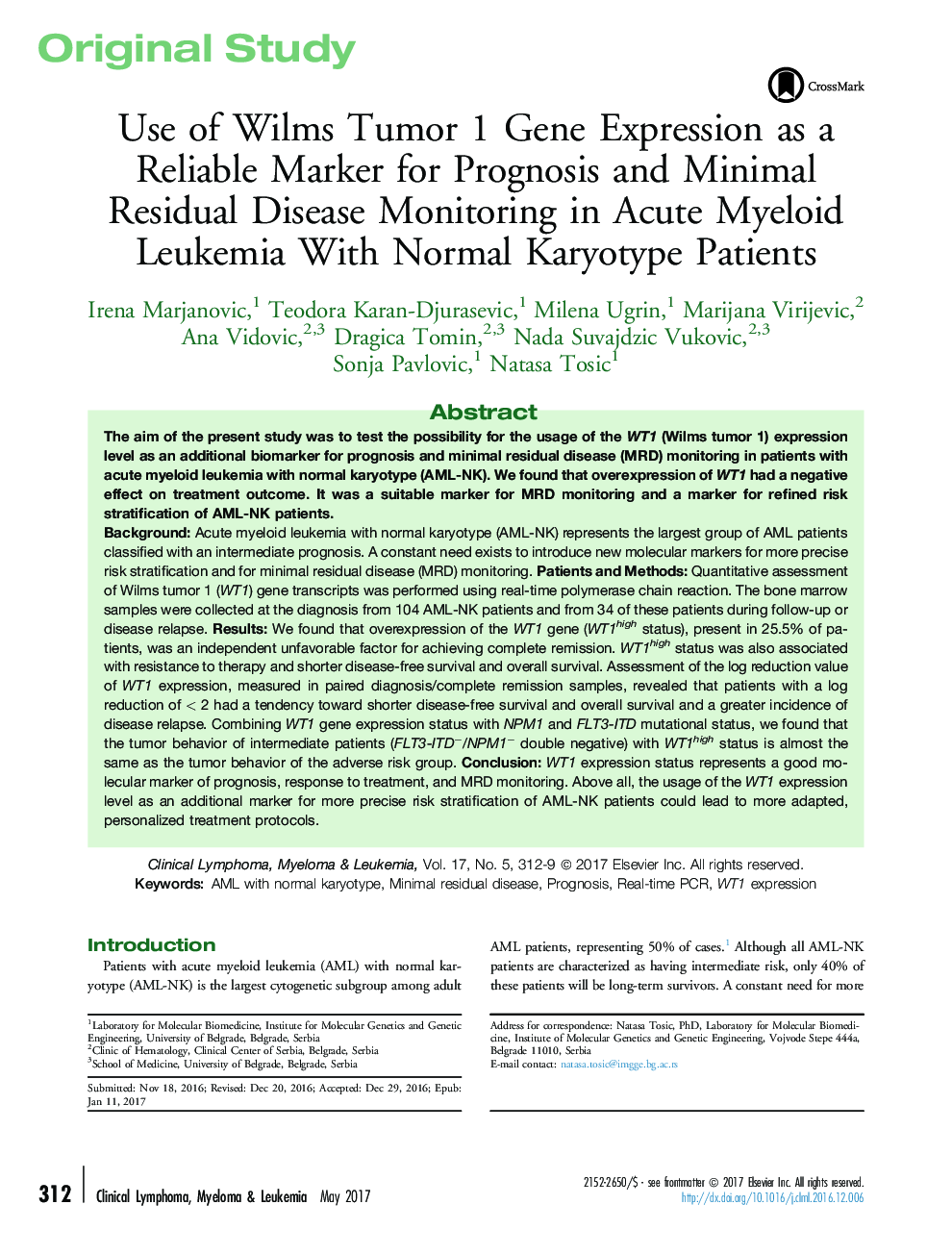 Use of Wilms Tumor 1 Gene Expression as a Reliable Marker for Prognosis and Minimal Residual Disease Monitoring in Acute Myeloid Leukemia With Normal Karyotype Patients