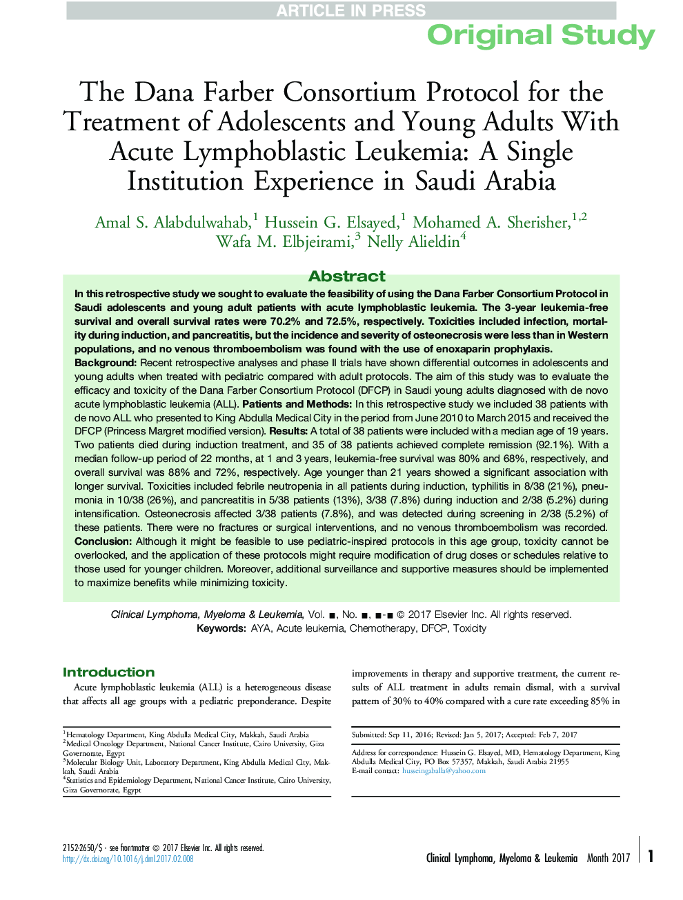 The Dana Farber Consortium Protocol for the Treatment of Adolescents and Young Adults With Acute Lymphoblastic Leukemia: A Single Institution Experience in Saudi Arabia