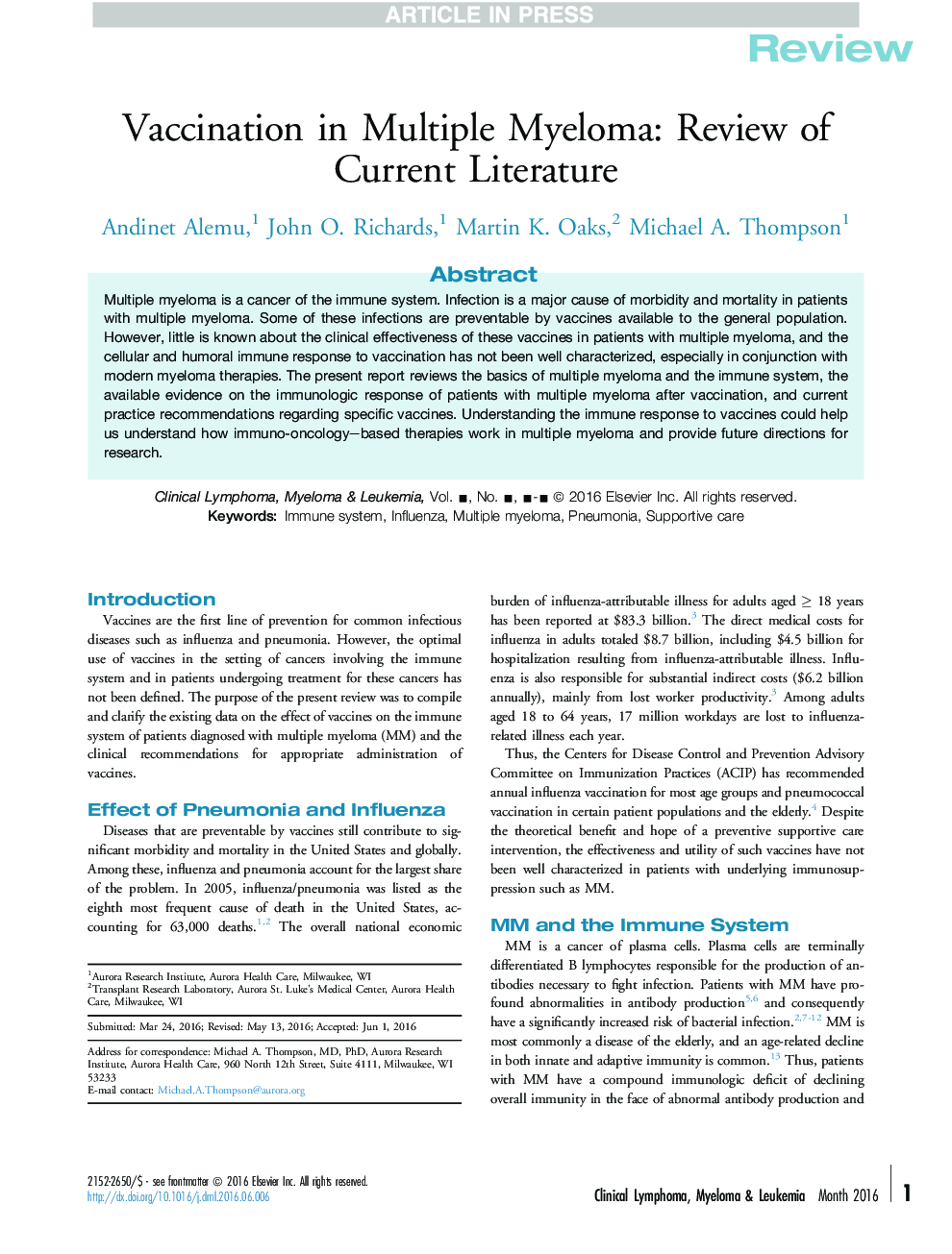 Vaccination in Multiple Myeloma: Review of Current Literature