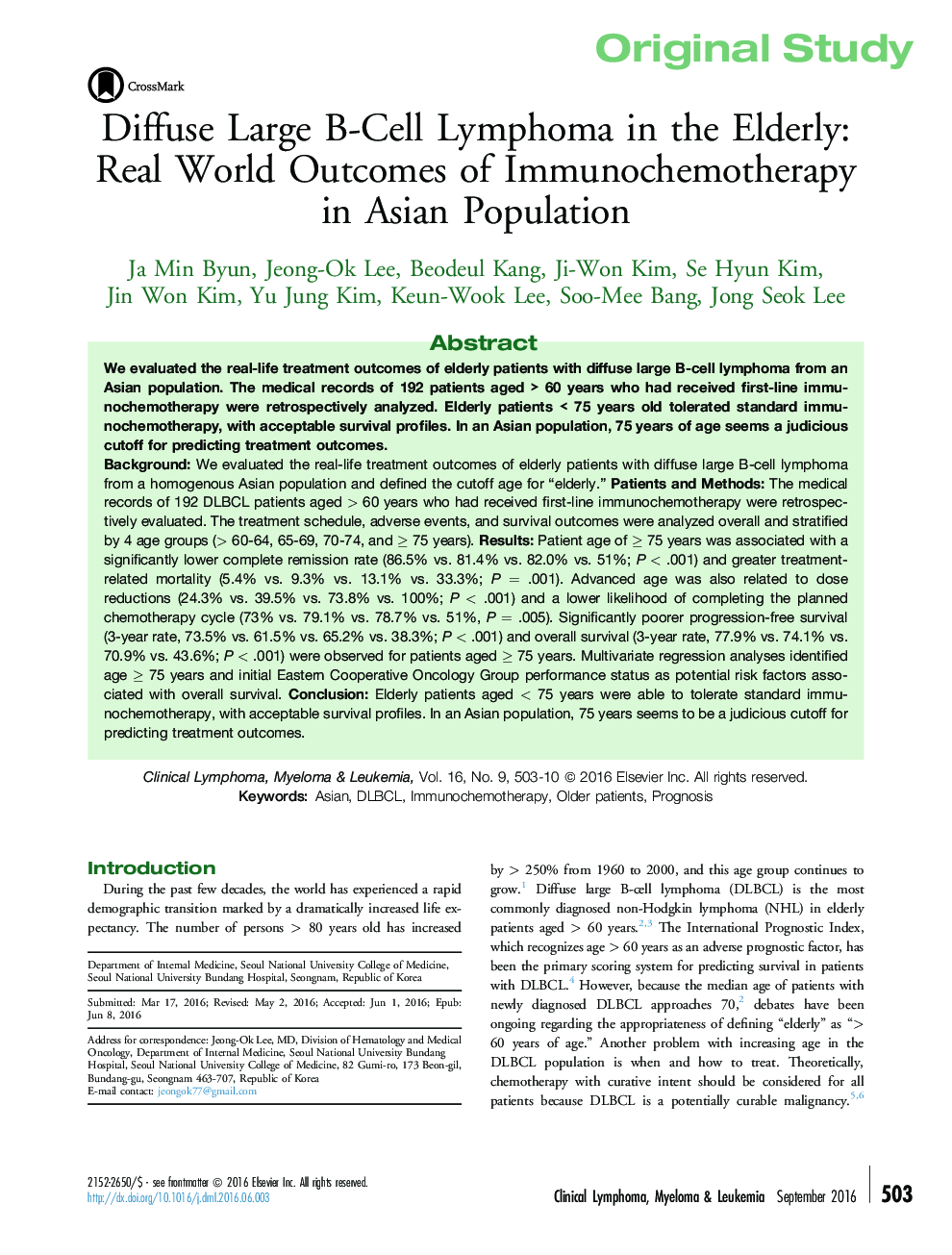 Diffuse Large B-Cell Lymphoma in the Elderly: Real World Outcomes of Immunochemotherapy in Asian Population