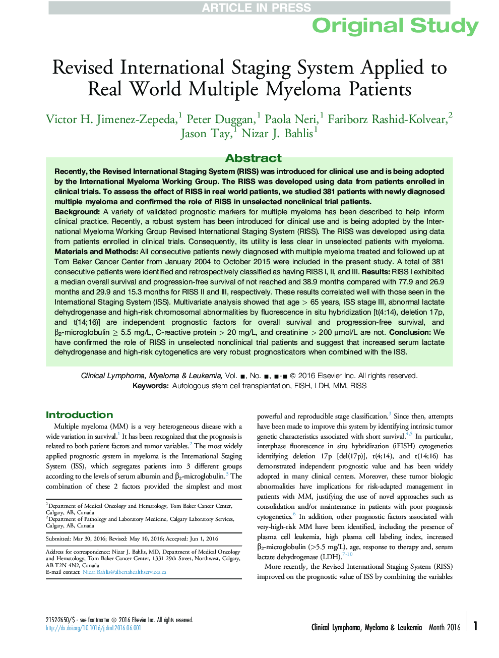 Revised International Staging System Applied to Real World Multiple Myeloma Patients